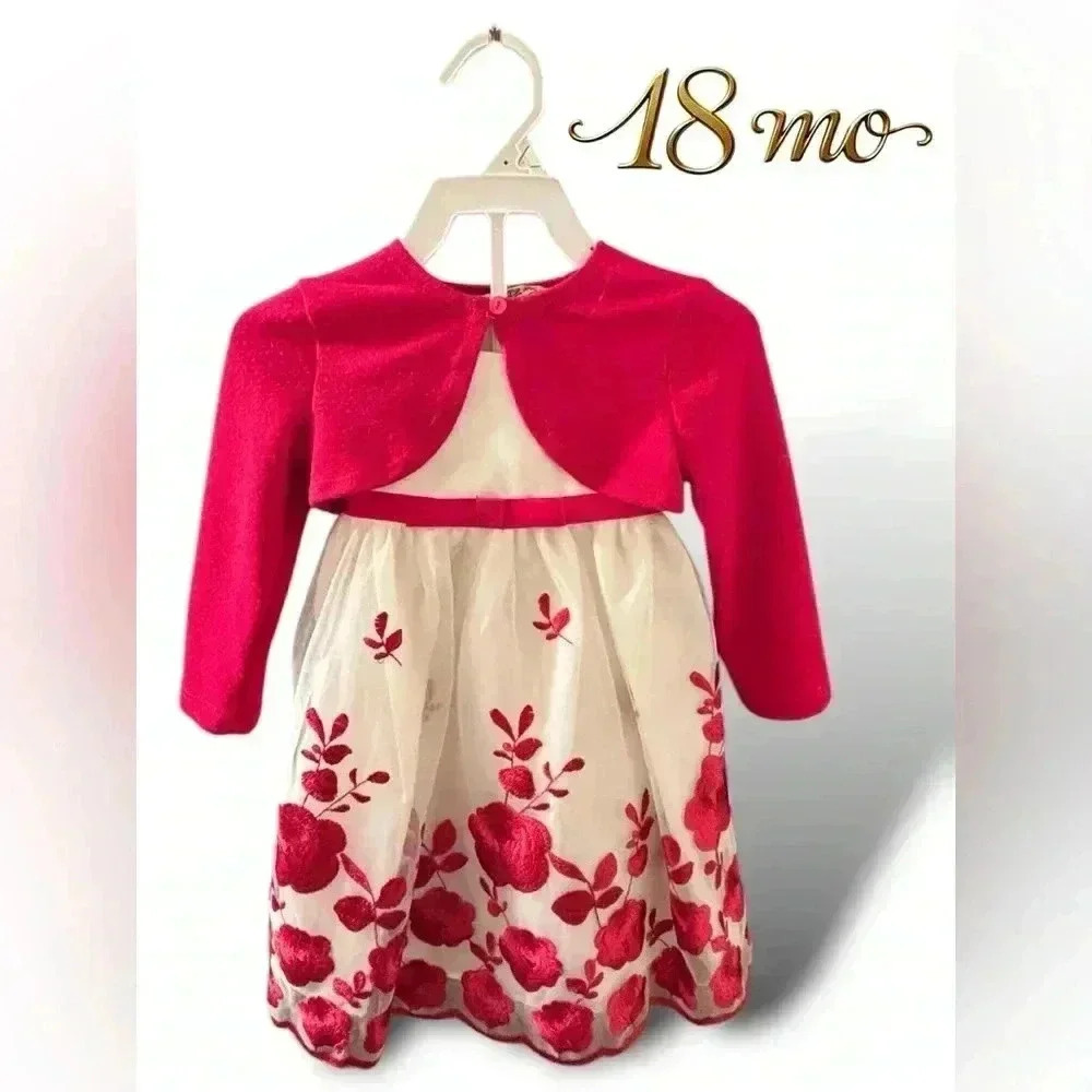 NWOT 18 mo Embroidered Christmas white and red Purple Rose dress. Dsct w bundle.